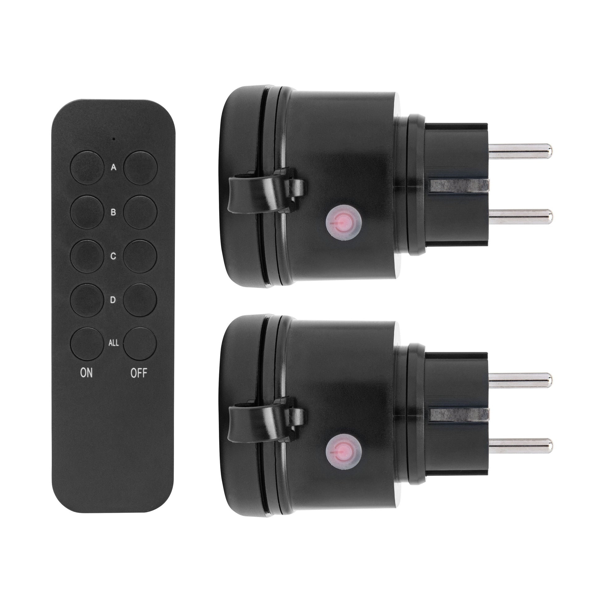 Cleverio mini fjernbetjent udendørs stikkontakt 2-pak 3680W med sort fjernbetjening og til IP44-stik.