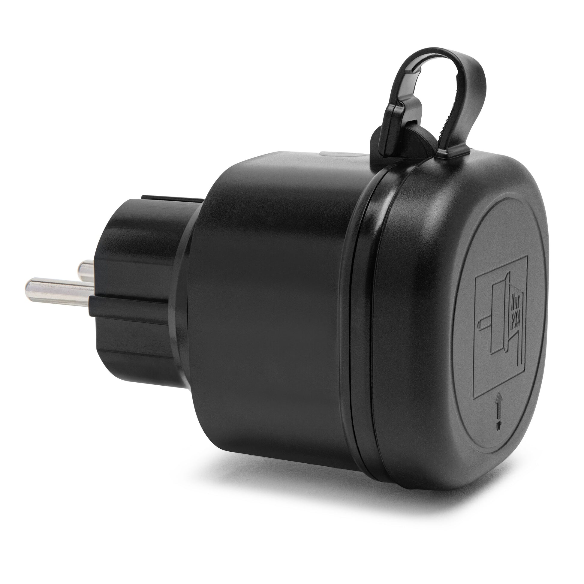 Mini-fjernbetjent udendørs stikkontakt 3680W 2-pak sort IP44 med to runde metalben og beskyttelseshætte.