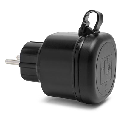 Mini-fjernbetjent udendørs stikkontakt 3680W 2-pak sort IP44 med to runde metalben og beskyttelseshætte.