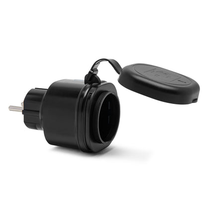 Mini-fjernbetjent udendørs stikkontakt 3680 W 2-pak sort IP44 rund stik med hængslet låg og to metalben.