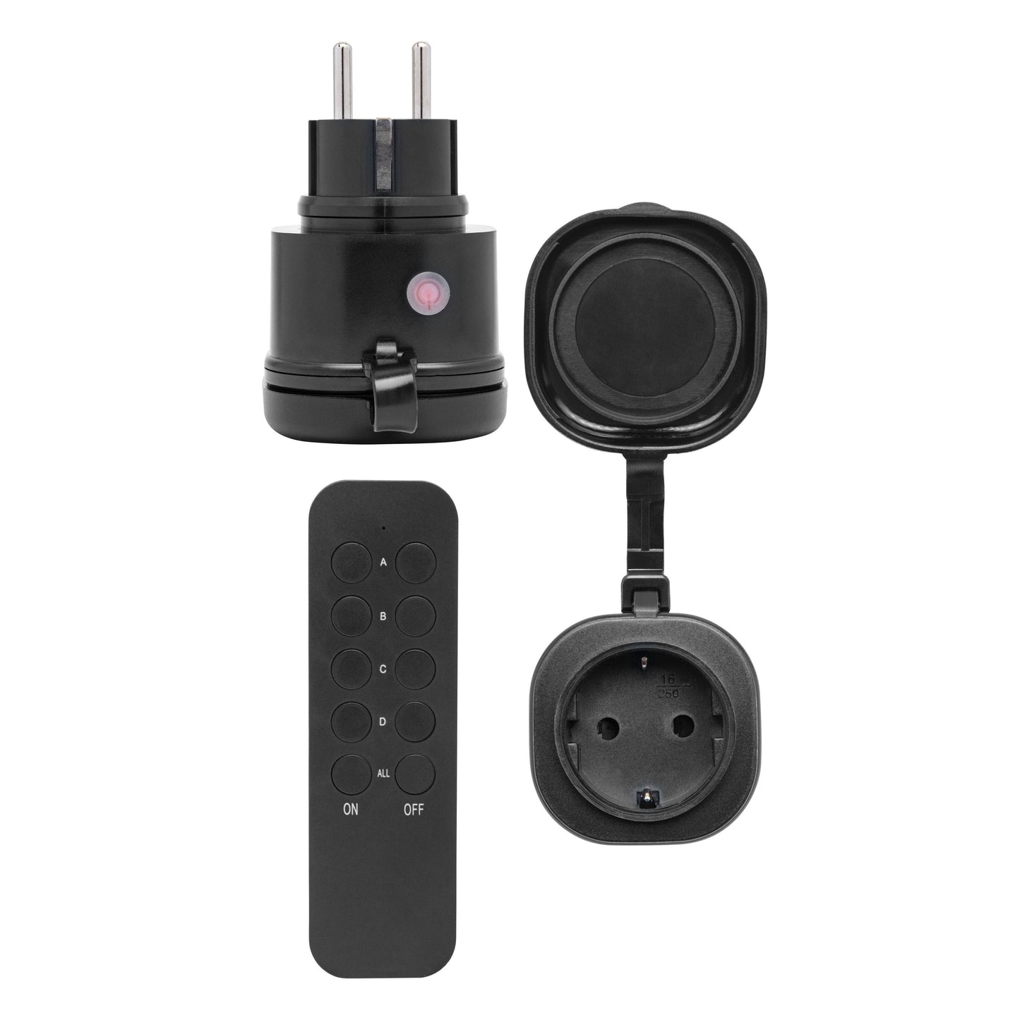 Cleverio Mini-fjernbetjent udendørs stikkontakt 3680 W 2-pak sort, IP44, med låg, EU-stik og sort Cleverio fjernbetjening.