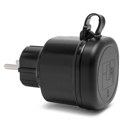 Cleverio Mini-fjernbetjening til udendørs brug 3680W sort IP44 stikkontakt adapter med beskyttelsesdæksel og ophæng.