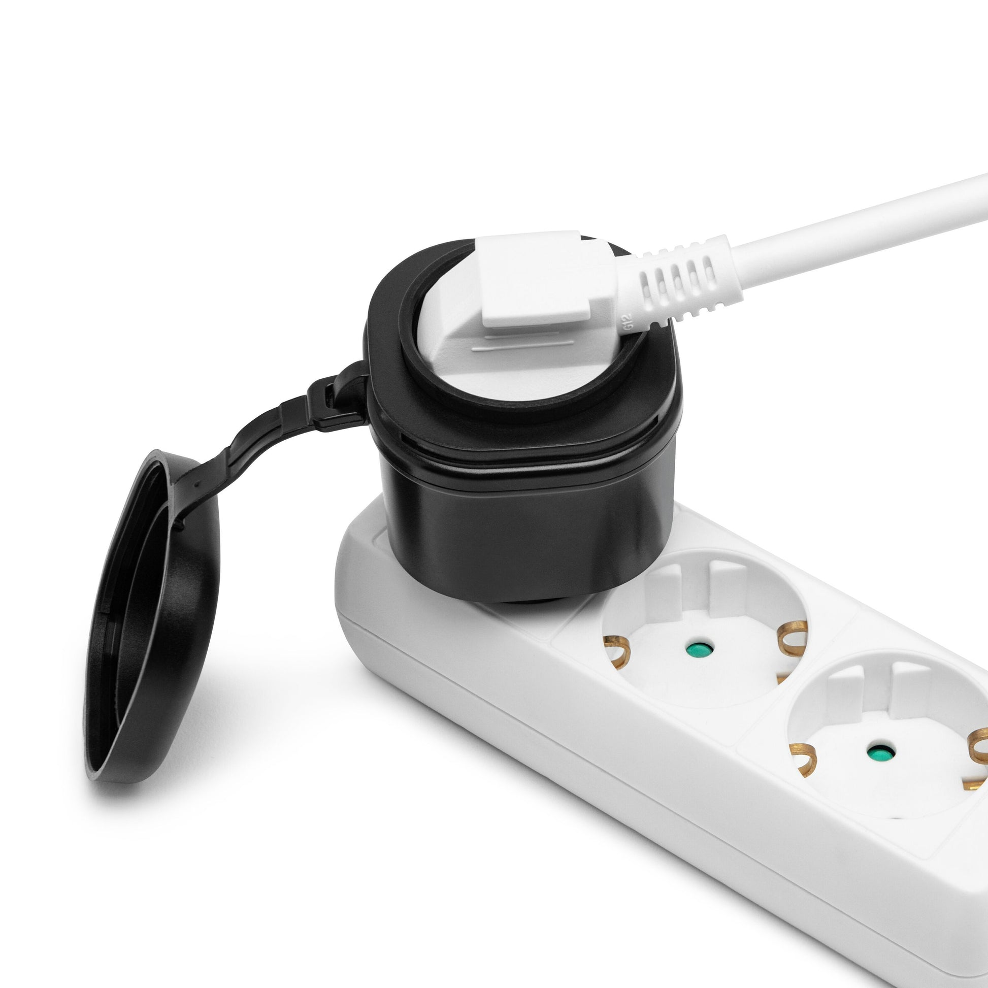 Cleverio Mini-fjernbetjening udendørs 3680W stikdåse, flere udtag, IP44 motorvarmer-stik, sort adapter med låg, hvidt stik.