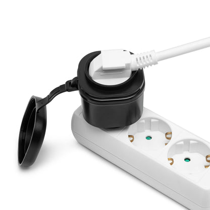 Cleverio Mini-fjernbetjening udendørs 3680W stikdåse, flere udtag, IP44 motorvarmer-stik, sort adapter med låg, hvidt stik.
