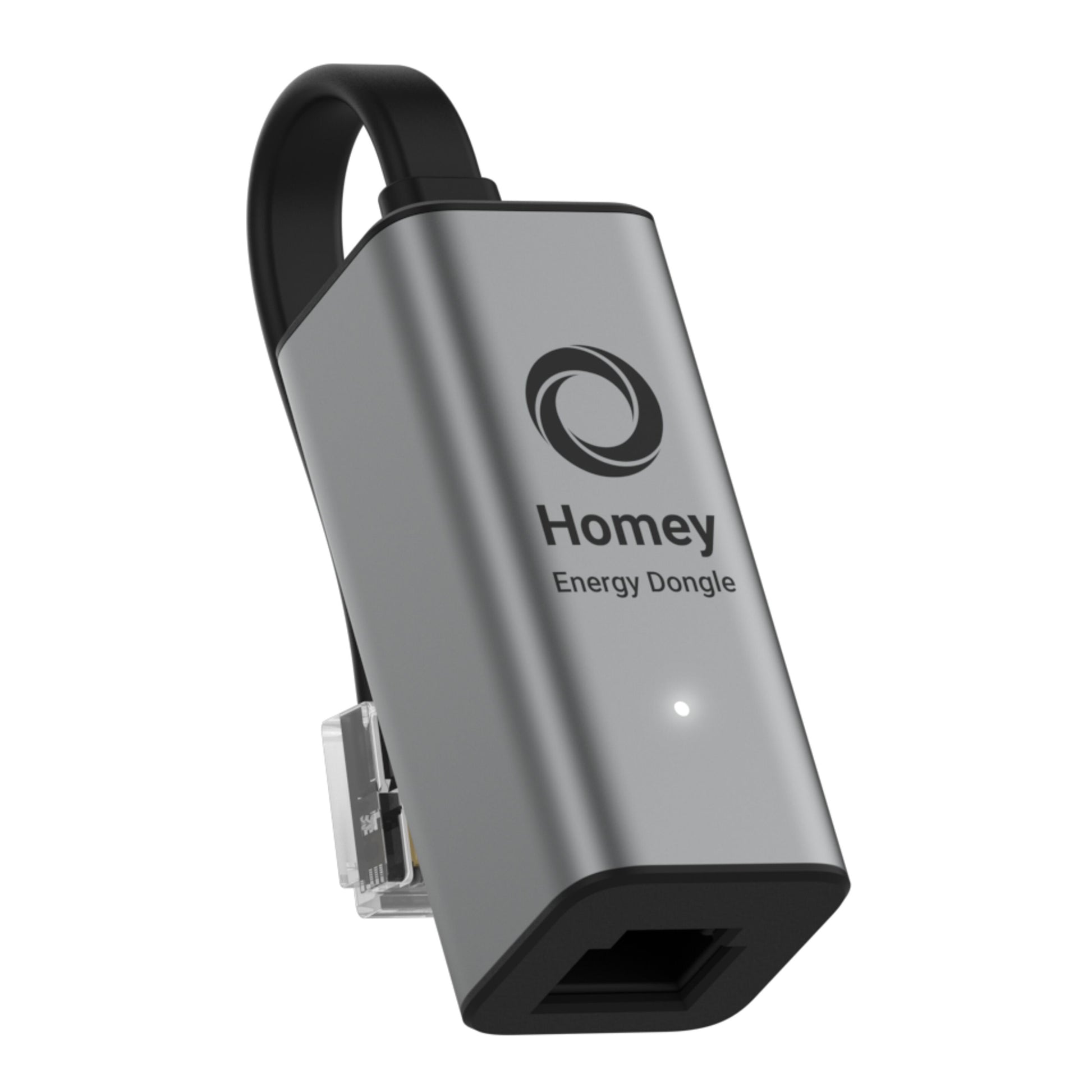 Athom Hjemmeenergi-dongle sølv med sort logo, lille LED, Ethernet-port og hurtigt kabel med klart P1-stik til elmåler.
