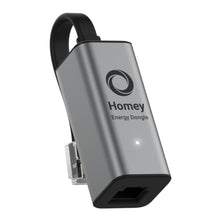 Athom Hjemmeenergi-dongle sølv med sort logo, lille LED, Ethernet-port og hurtigt kabel med klart P1-stik til elmåler.