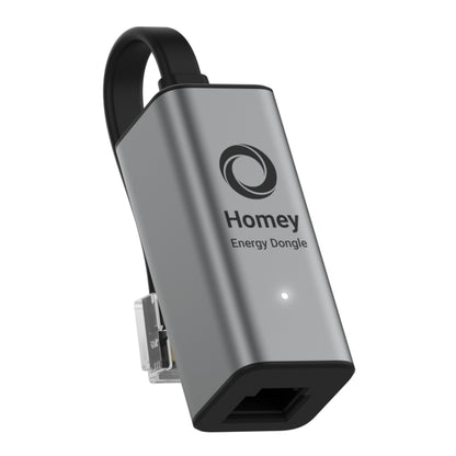 Athom Hjemmeenergi-dongle sølv med sort logo, lille LED, Ethernet-port og hurtigt kabel med klart P1-stik til elmåler.