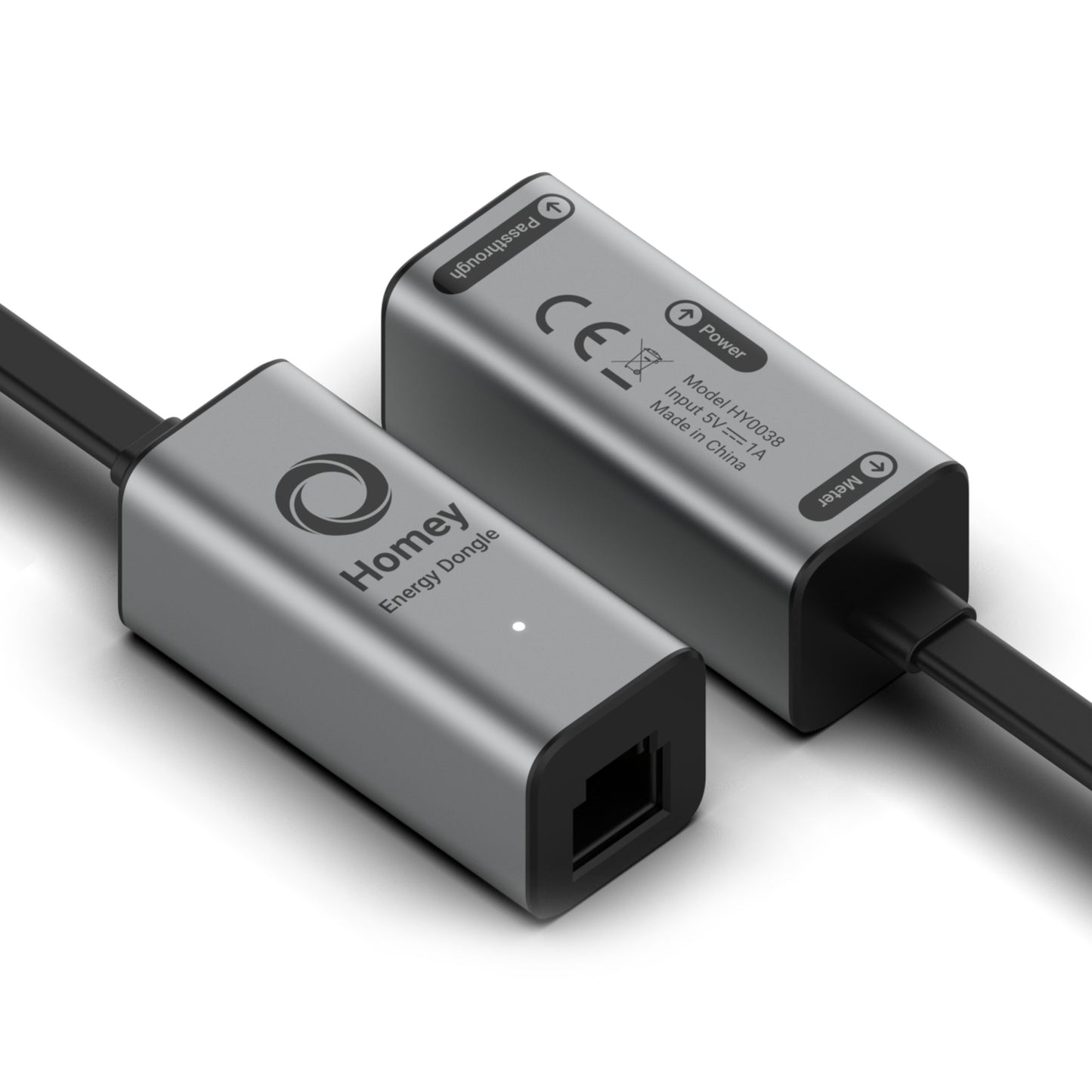 Athom Hjemmeenergi-dongle, metal, model NY2023, CE-mærket, USB og power/upgrade-porte til elmåler P1-port.