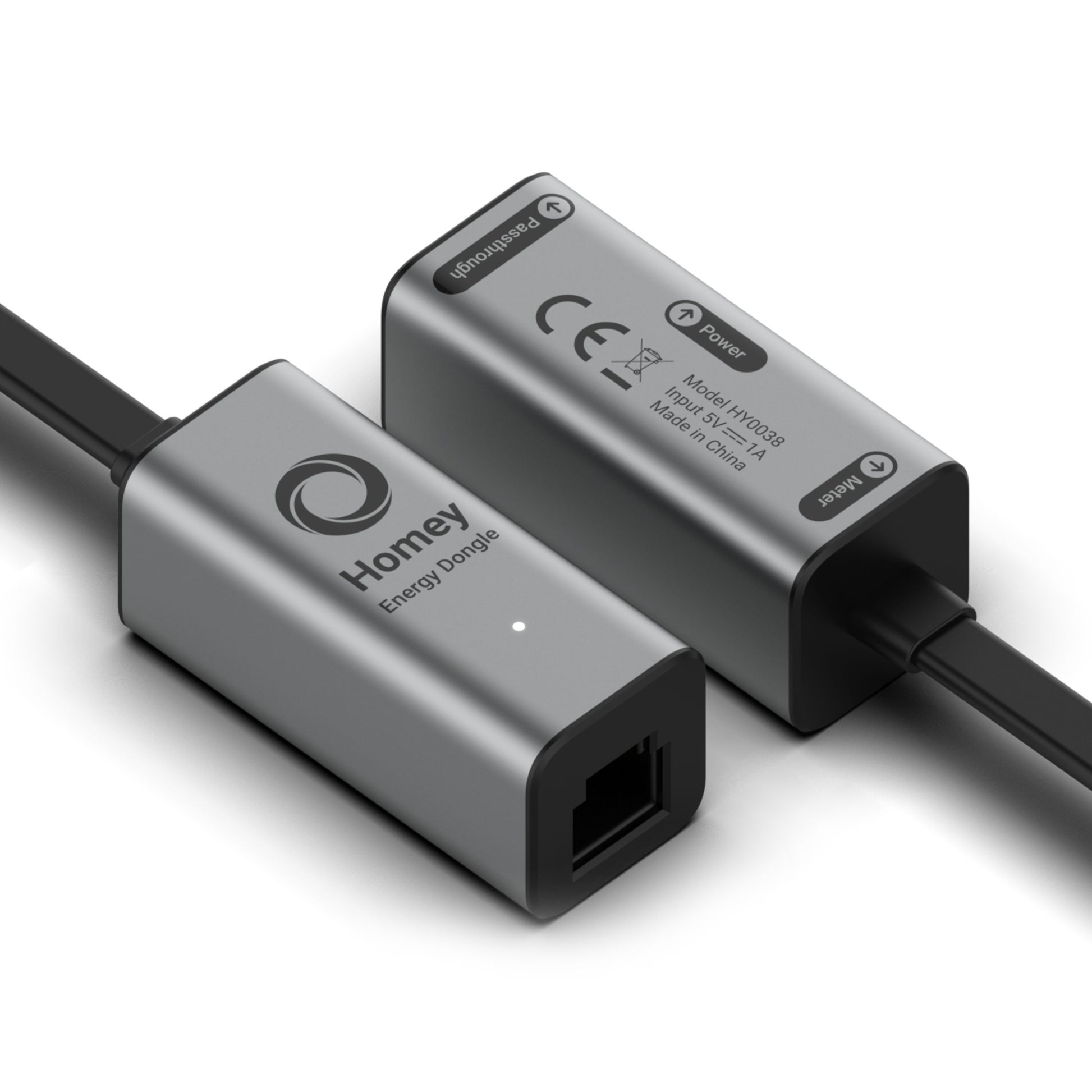 Athom Hjemmeenergi-dongle, metal, model NY2023, CE-mærket, USB og power/upgrade-porte til elmåler P1-port.