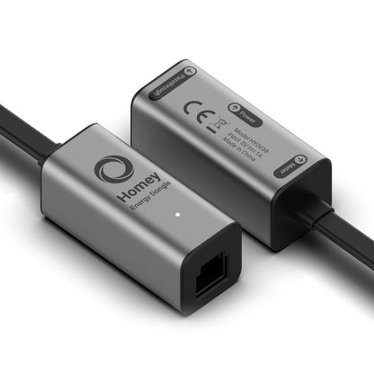 Athom Hjemmeenergi-dongle, metal, model NY2023, CE-mærket, USB og power/upgrade-porte til elmåler P1-port.