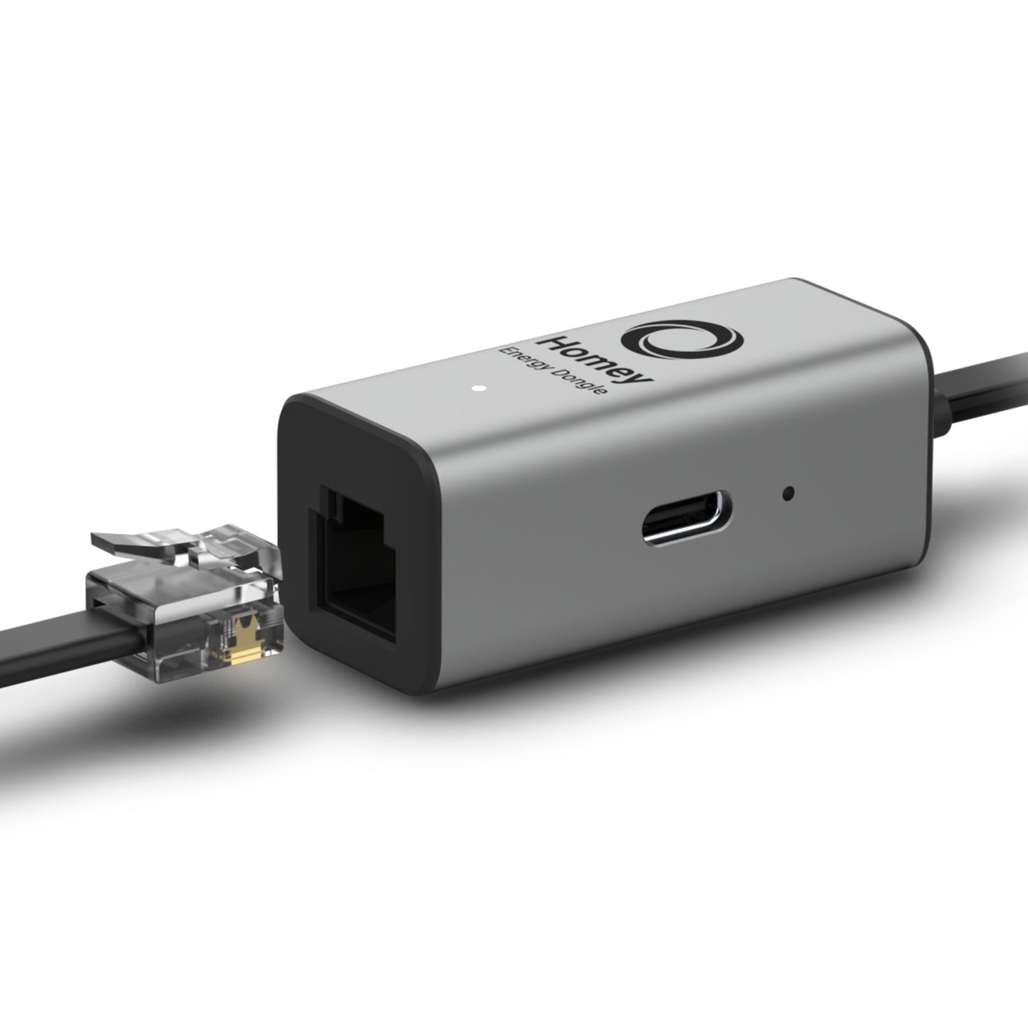Athom Hjemmeenergi-dongle grå, Ethernet-port, USB-C-port, LED-indikator, Ethernet-kabel delvist tilsluttet.