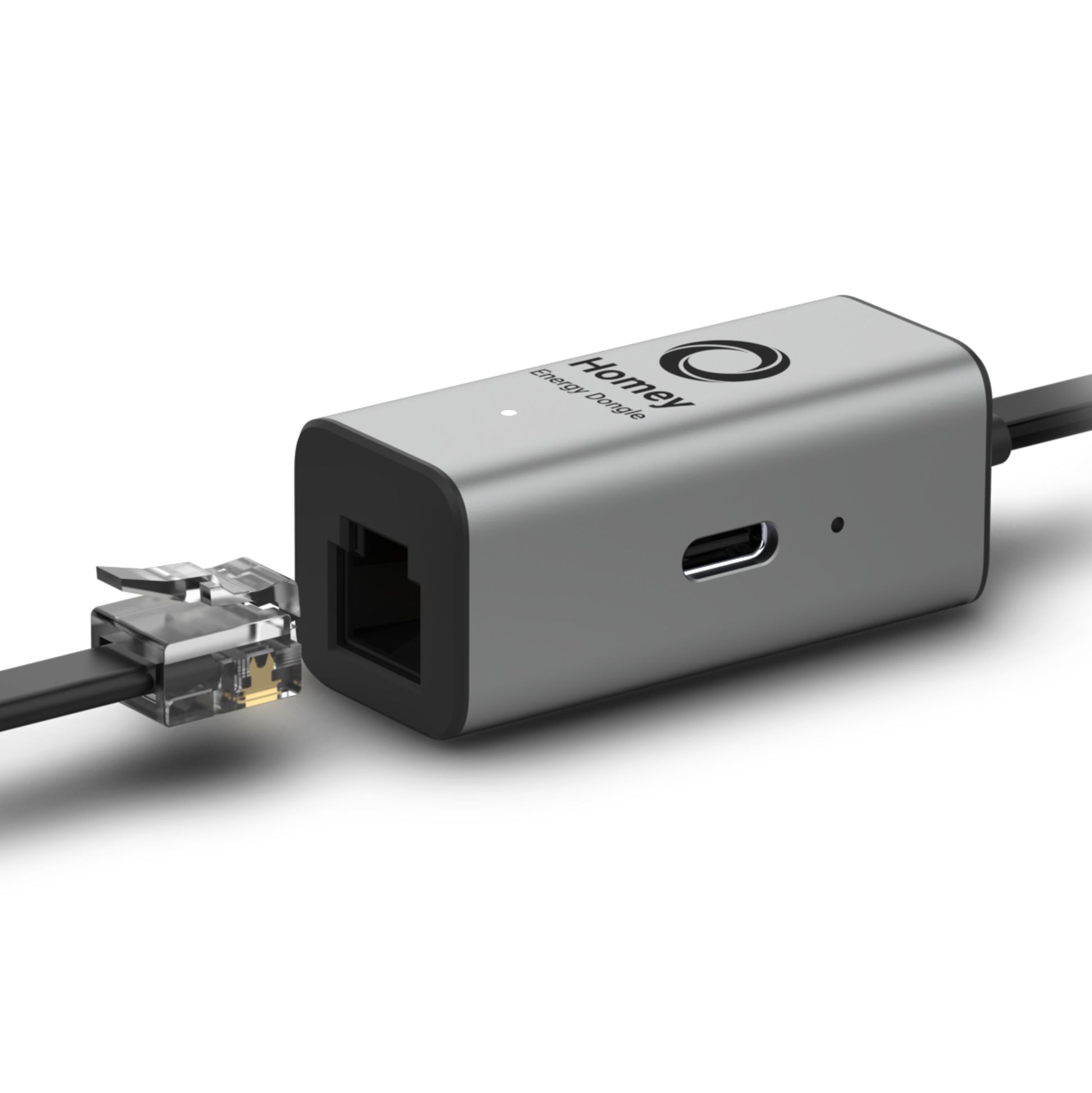 Athom Hjemmeenergi-dongle grå, Ethernet-port, USB-C-port, LED-indikator, Ethernet-kabel delvist tilsluttet.