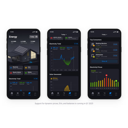 Tre smartphones med Athom Hjemmeenergi-dongle app, el-kilder, forbrugsgrafer, soldata og live priser til elmåler P1-port.
