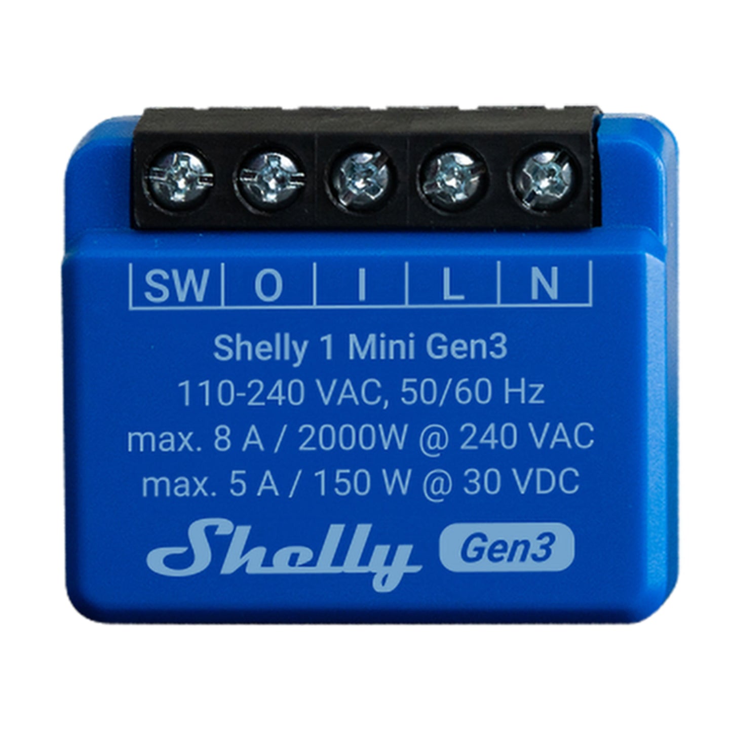 Shelly Plus 1 Mini GEN3 blå smart WiFi-relæ, 4 skrueklemmer SW O I L N, synlige spændings-, strøm- og effektdata.
