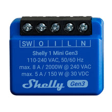 Shelly Plus 1 Mini GEN3 blå smart WiFi-relæ, 4 skrueklemmer SW O I L N, synlige spændings-, strøm- og effektdata.