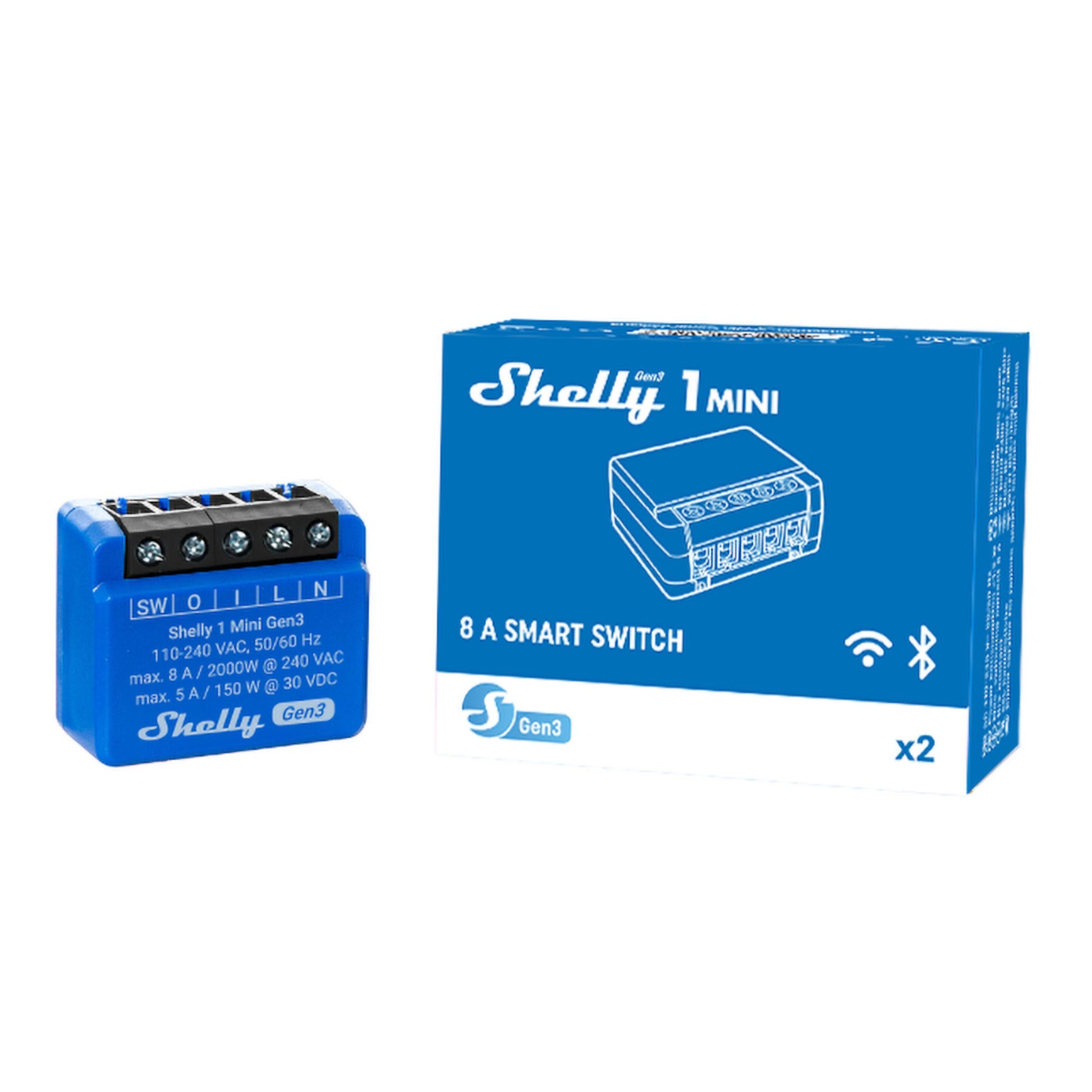 Shelly Plus 1 Mini GEN3 smart switch blå ved siden af emballage med Shelly-logo og modelnavn, kompakt mini-version.