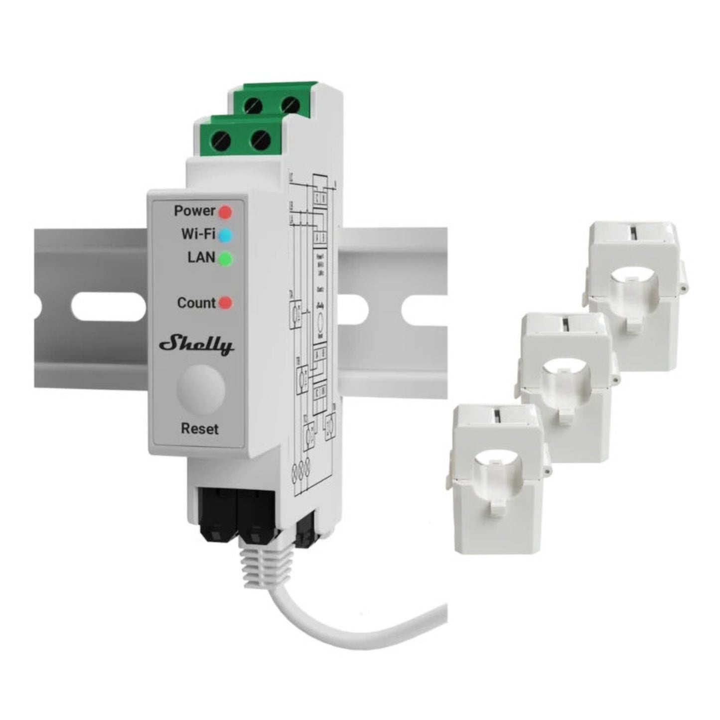 Shelly Pro 3EM energimåler 120A DIN-skinne med LED til Power, Wi-Fi, LAN og Count samt tre hvide strømtransformere.