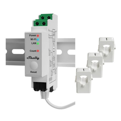 Shelly Pro 3EM energimåler 120A DIN-skinne med LED til Power, Wi-Fi, LAN og Count samt tre hvide strømtransformere.