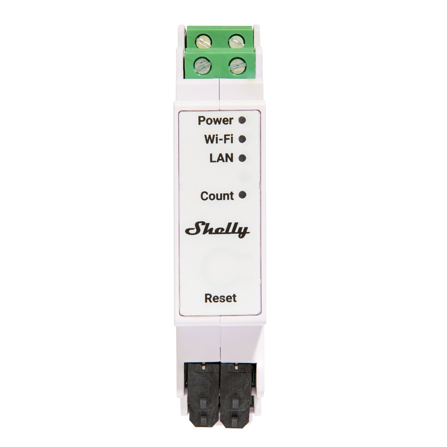Shelly Pro 3EM energimåler 120A, hvid med grønne/sorte terminaler, indikatorlys for Power, Wi-Fi, LAN og Reset-knap.
