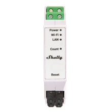 Shelly Pro 3EM energimåler 120A, hvid med grønne/sorte terminaler, indikatorlys for Power, Wi-Fi, LAN og Reset-knap.