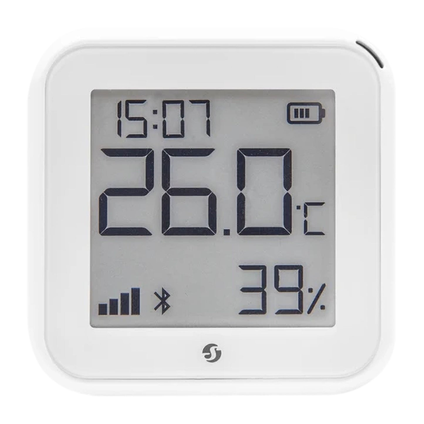 Shelly HT Gen 3 termometer og hygrometer hvid, kvadratisk LCD-display med tid, temperatur, luftfugtighed, batteri og signal.