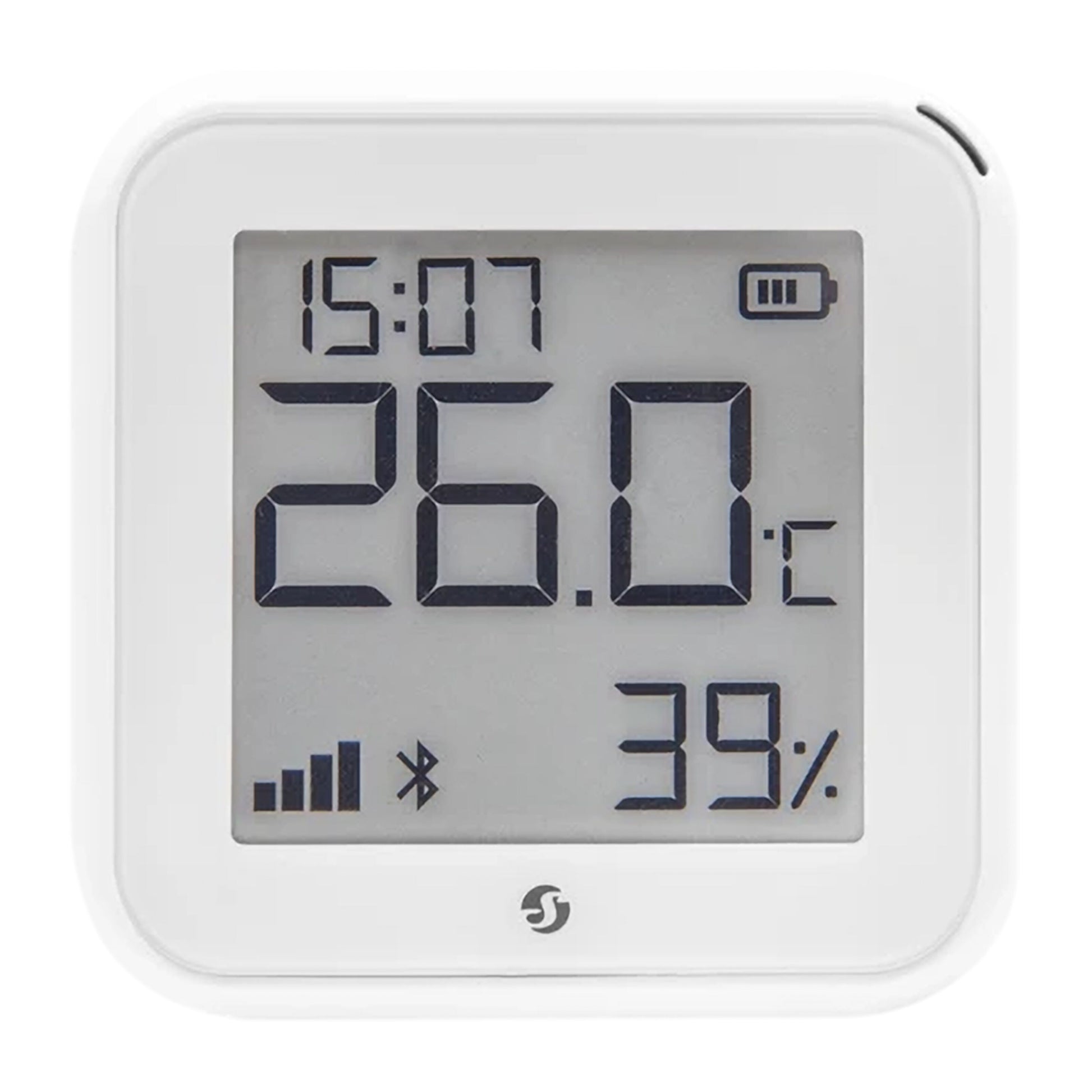 Shelly HT Gen 3 termometer og hygrometer hvid, kvadratisk LCD-display med tid, temperatur, luftfugtighed, batteri og signal.