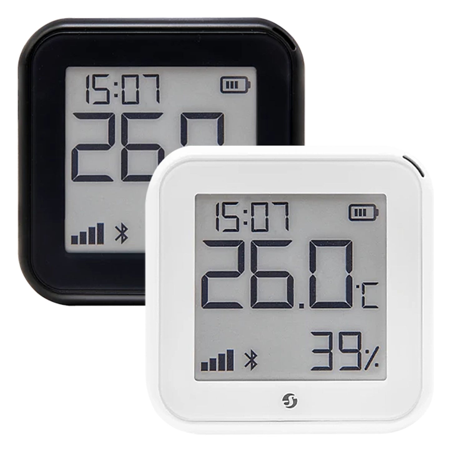 Shelly HT Gen 3 termometer og hygrometer hvid viser tid, temperatur og luftfugtighed.