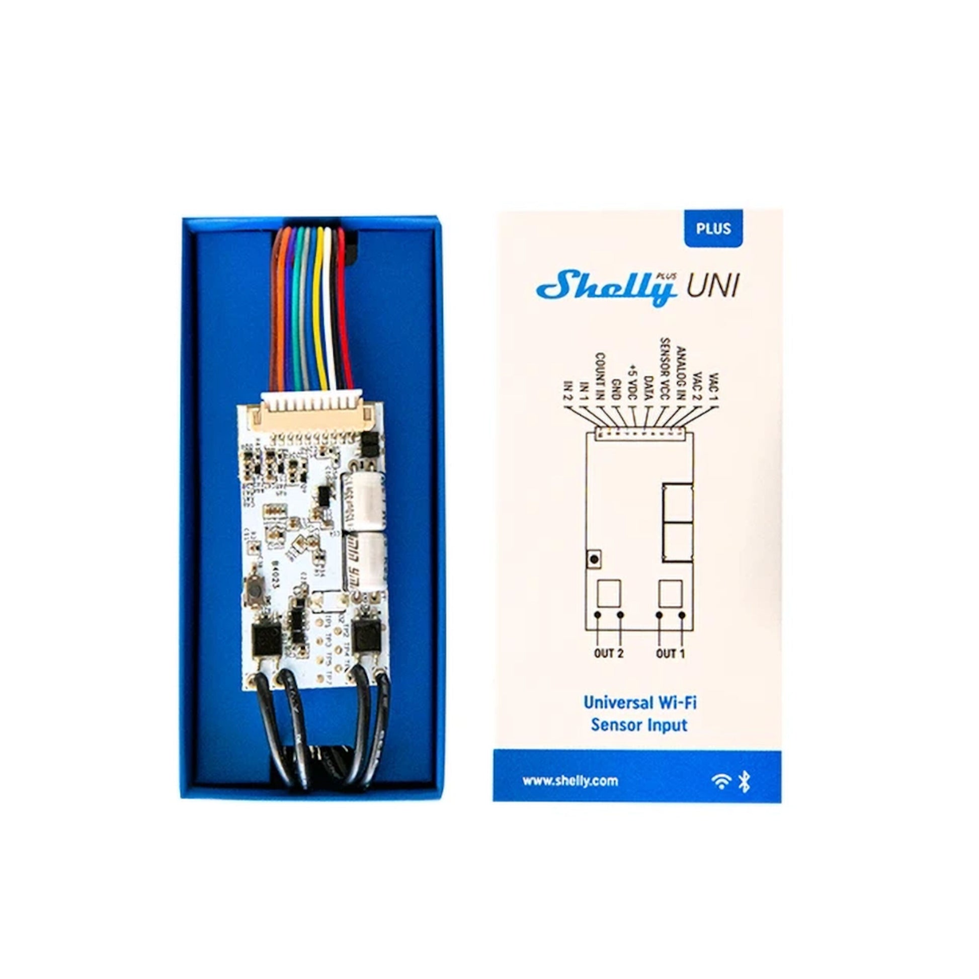 Shelly Plus Uni Smart Wifi-modul i blå æske ved siden af emballage med ledningsdiagram og Shelly-logo.