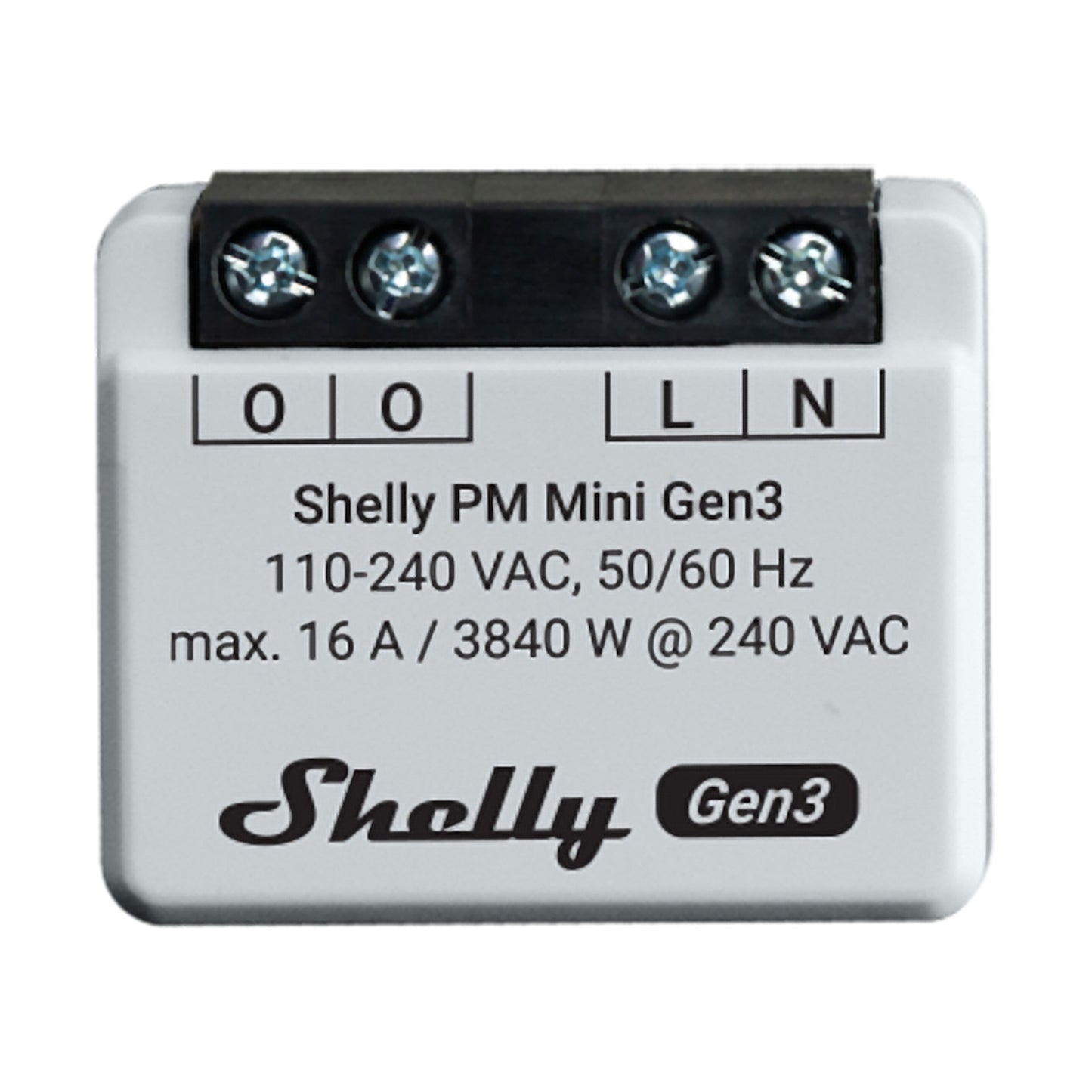 Shelly PM Mini GEN 3 WiFi strømmålermodul, sort terminalblok, 110-240VAC 50/60Hz, maks 16A/3840W, L og N mærket.