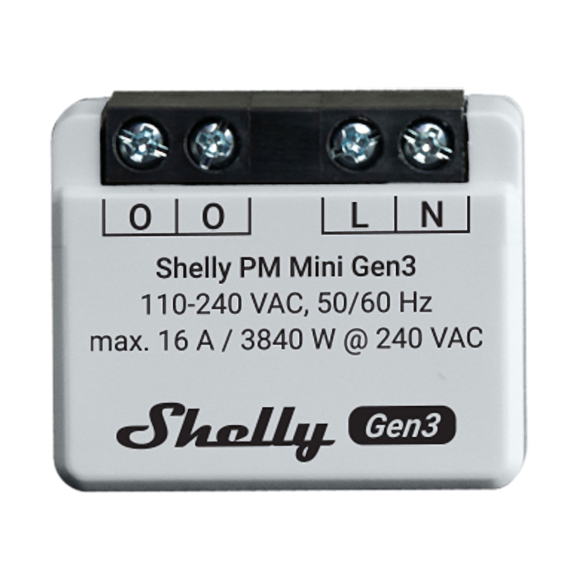 Shelly PM Mini GEN 3 WiFi strømmålermodul, sort terminalblok, 110-240VAC 50/60Hz, maks 16A/3840W, L og N mærket.