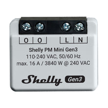 Shelly PM Mini GEN 3 WiFi strømmålermodul, sort terminalblok, 110-240VAC 50/60Hz, maks 16A/3840W, L og N mærket.