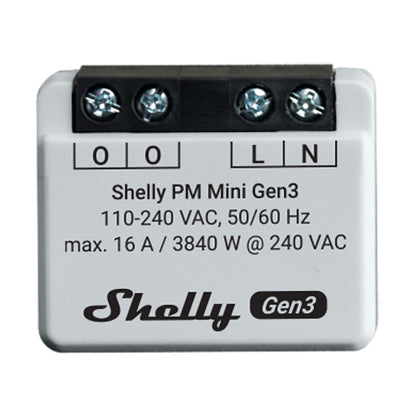 Shelly PM Mini GEN 3 WiFi strømmålermodul, sort terminalblok, 110-240VAC 50/60Hz, maks 16A/3840W, L og N mærket.