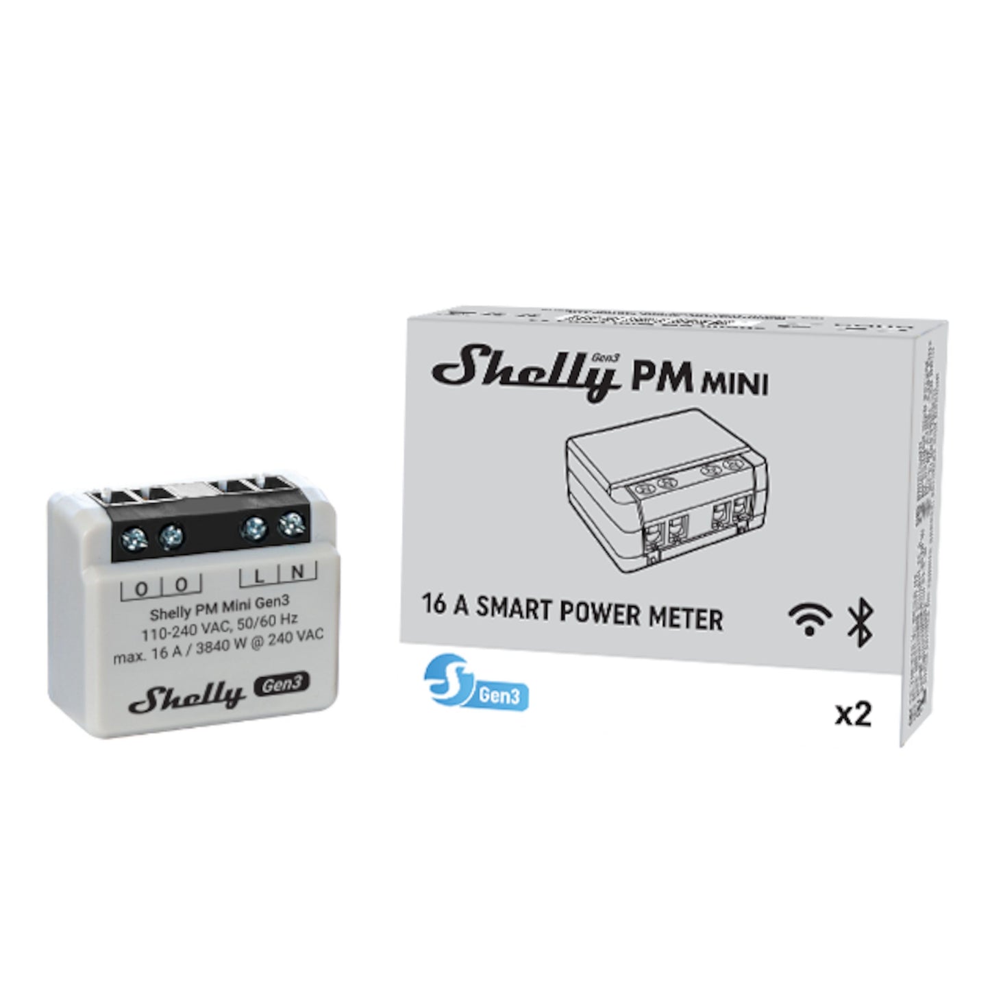 Shelly PM Mini GEN 3 ved siden af æske med teksten 16A Smart Power Meter, specifikationer og Wi-Fi symbol.