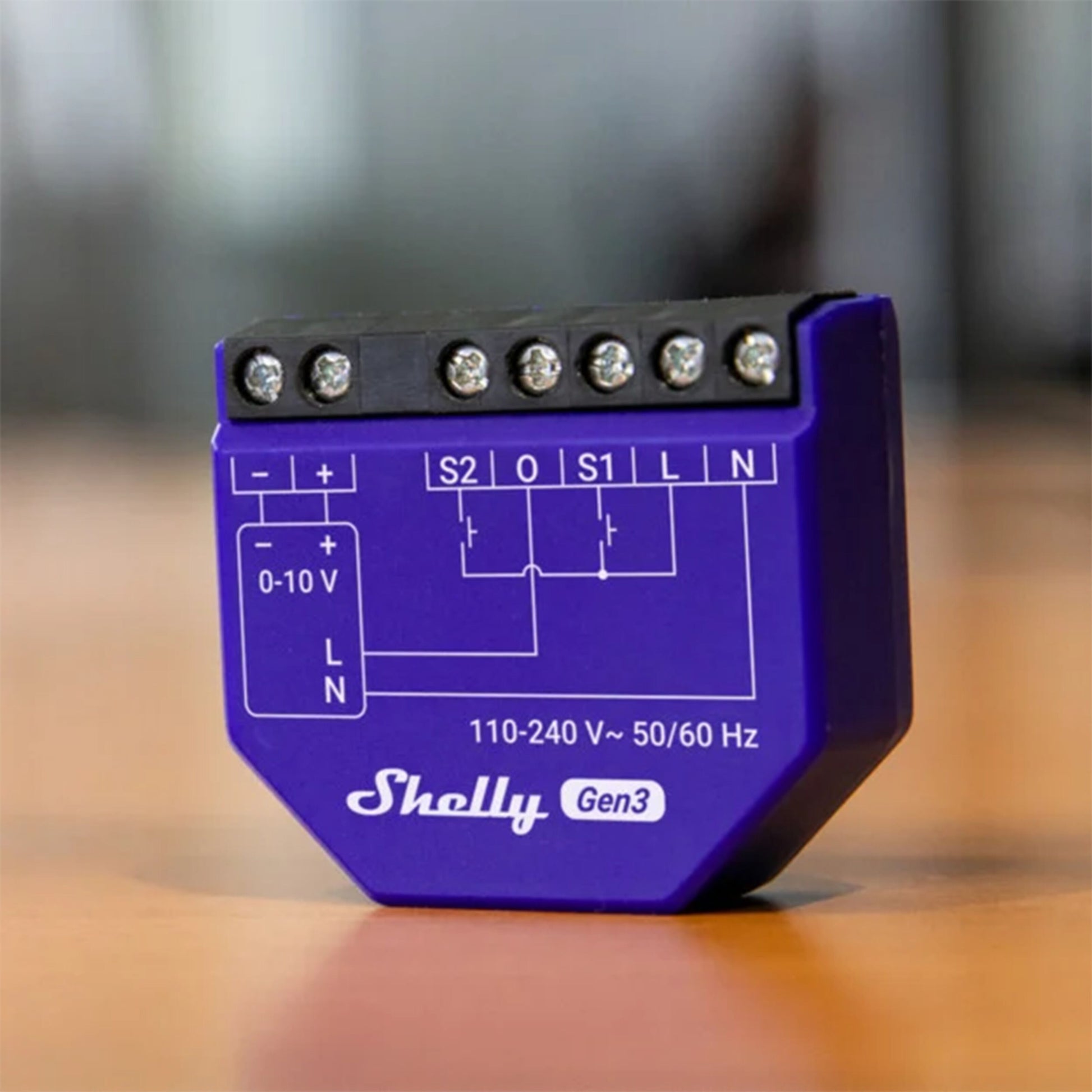 Shelly 0/1-10 V PM Gen3 smart dæmpermodul close-up, synlige mærkede terminaler og ledningsdiagram for 0-10 V lyskilder.