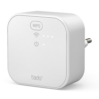 Tado Bro X grænserouter, hvid kvadratisk smart home enhed med WPS-knap, LED-indikatorer, power-symbol og stik.