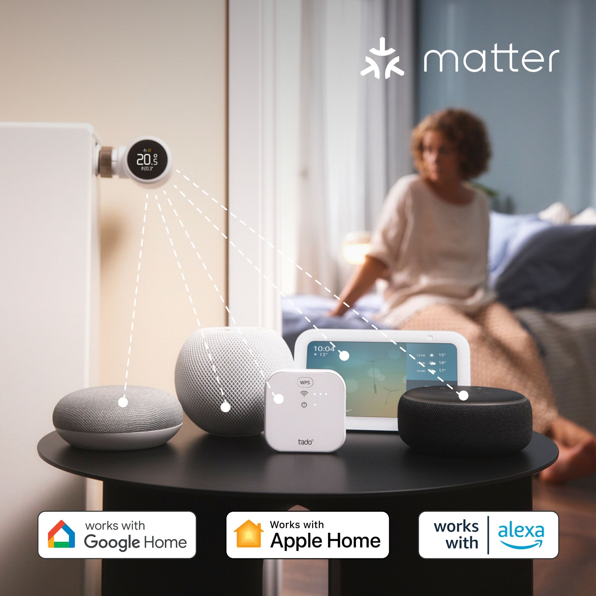 Tado Bro X grænserouter og smarthome-enheder på bord, produkterne vist forfra med tydeligt logo.