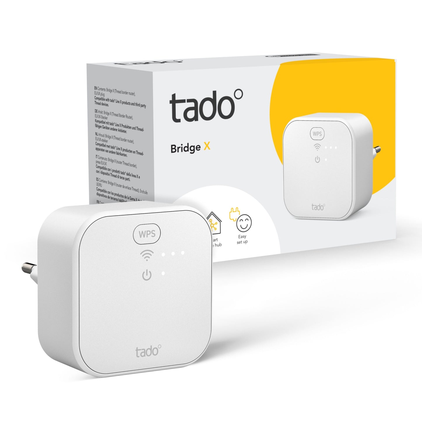 Tado Bro X grænser op med WPS-knap, indikatorlys, Matter-over-Thread, foran kasse med Tado-logo og produktbillede.