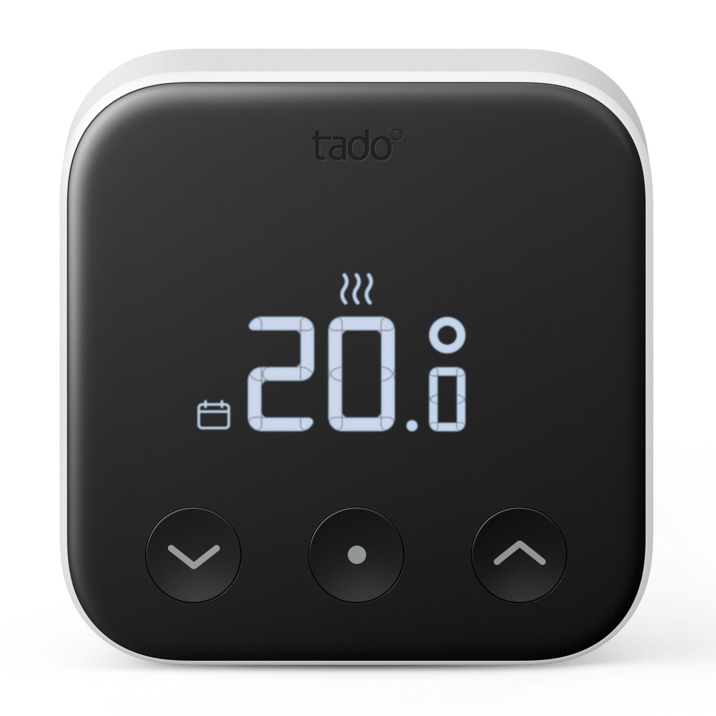 Tado Smart termostat X trådløs, sort, display med 20°C og varmesymbol, tre touchknapper, Tado-logo øverst.
