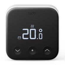 Tado Smart termostat X trådløs, sort, display med 20°C og varmesymbol, tre touchknapper, Tado-logo øverst.