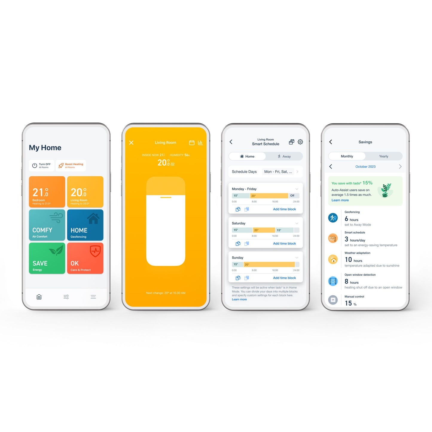Tado Smart termostat X trådløs vises på fire smartphones med temperatur, energisparetilstand, skema og månedsbesparelse.