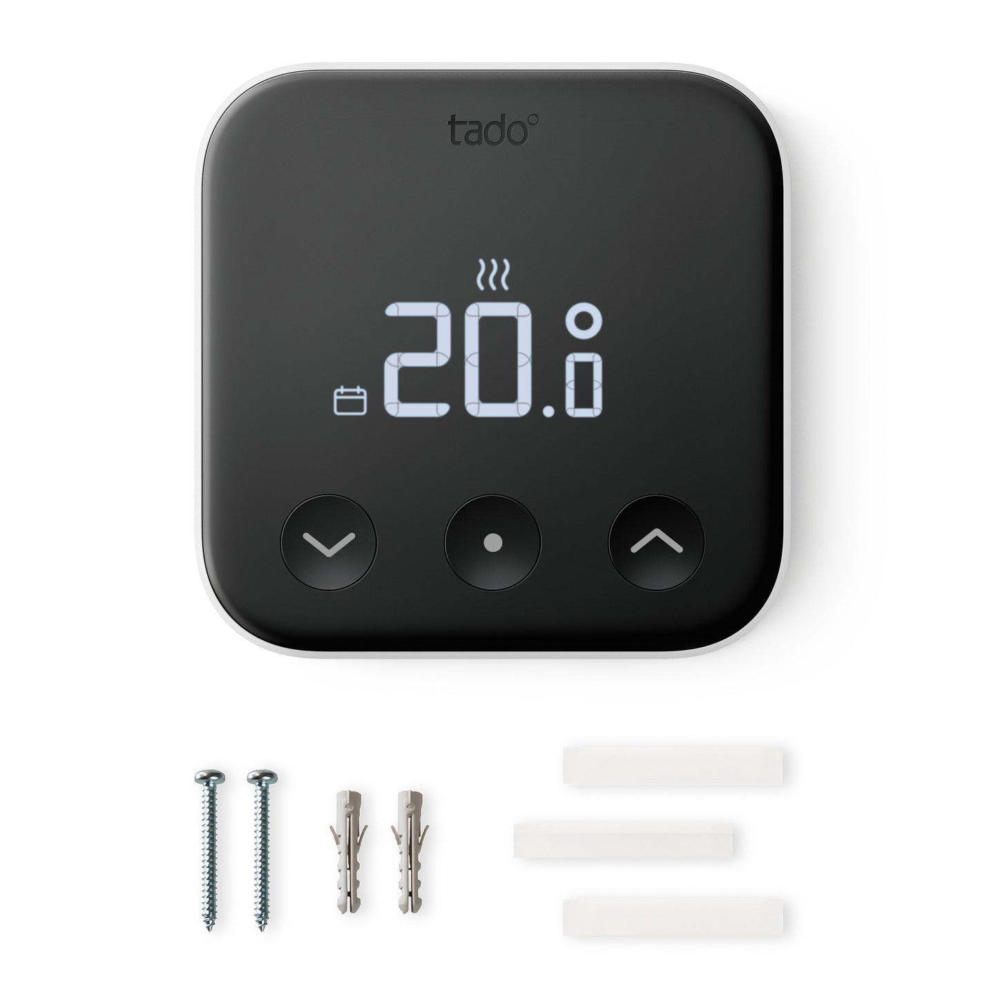 Tado Smart termostat X trådløs sort, display viser 20.0°C og varmeikoner, inkl. monteringskruer og rawlplugs.