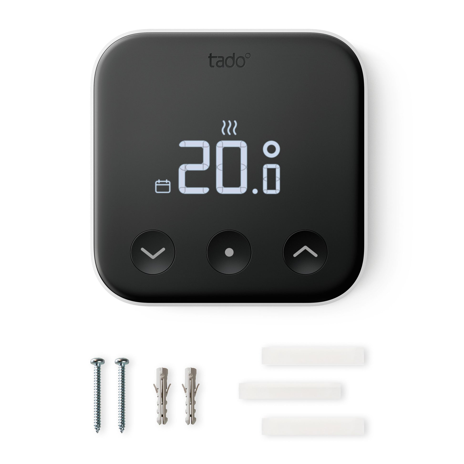 Tado Smart termostat X trådløs sort, display viser 20.0°C og varmeikoner, inkl. monteringskruer og rawlplugs.