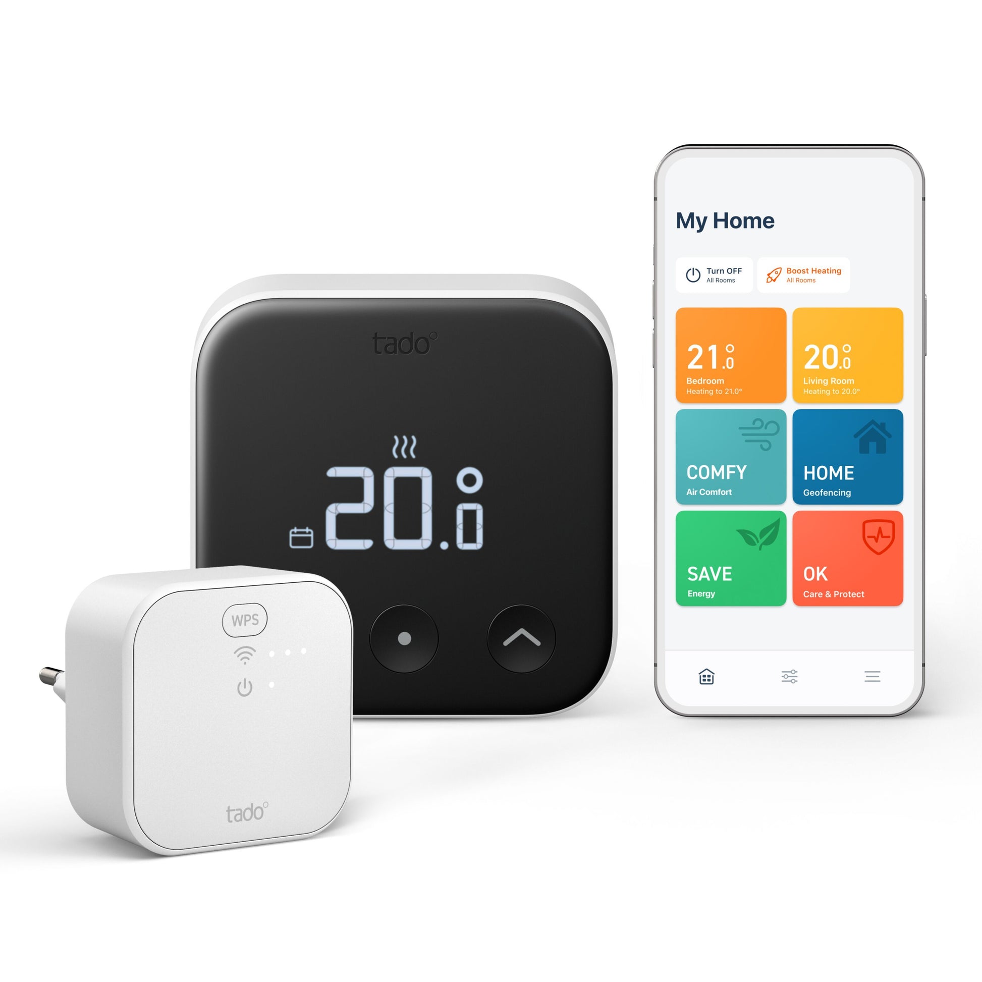 Tado Smart termostat X trådløs startpakke med sort digitalt display, hvid modtager og smartphone med klimastyring.