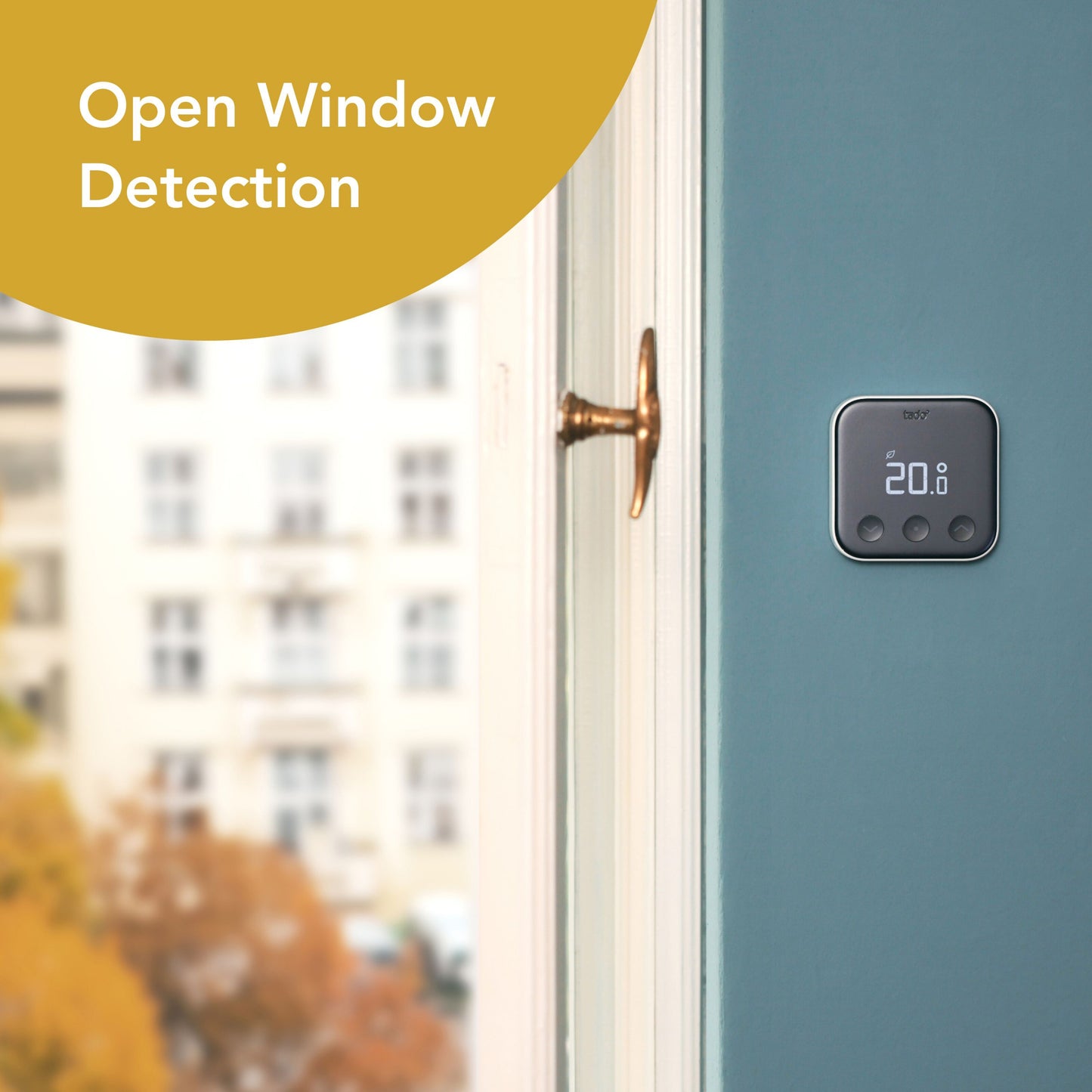 Tado Smart termostat X trådløs startpakke vægmonteret, display viser 20°C, Open Window Detection ikon.