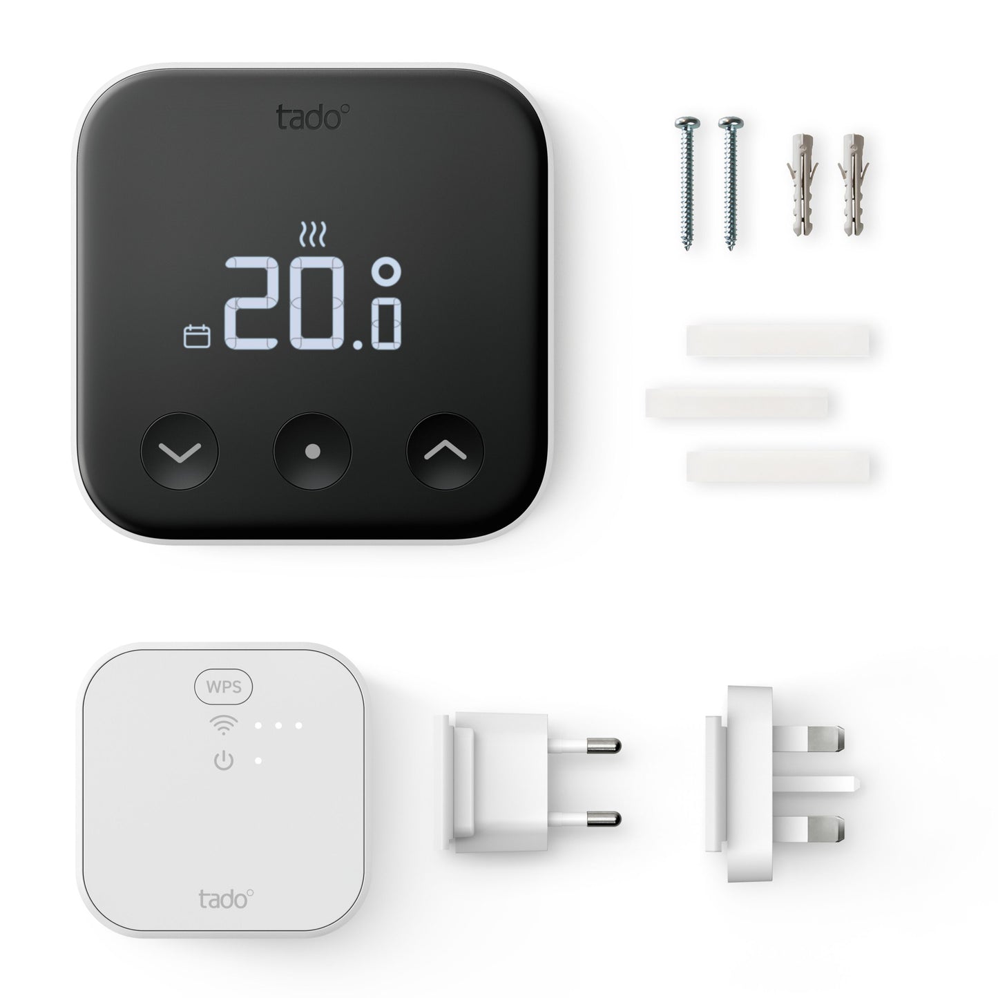 Tado Smart termostat X trådløs startpakke sort digital termostat, modtager, skruer, rawlplugs, strips, EU/UK-stikadaptere.