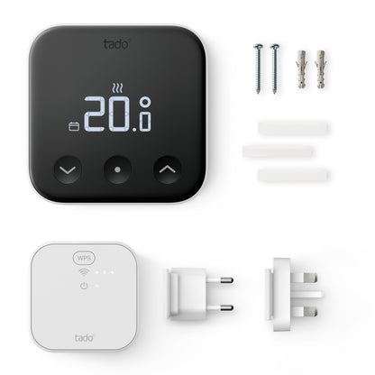 Tado Smart termostat X trådløs startpakke sort digital termostat, modtager, skruer, rawlplugs, strips, EU/UK-stikadaptere.