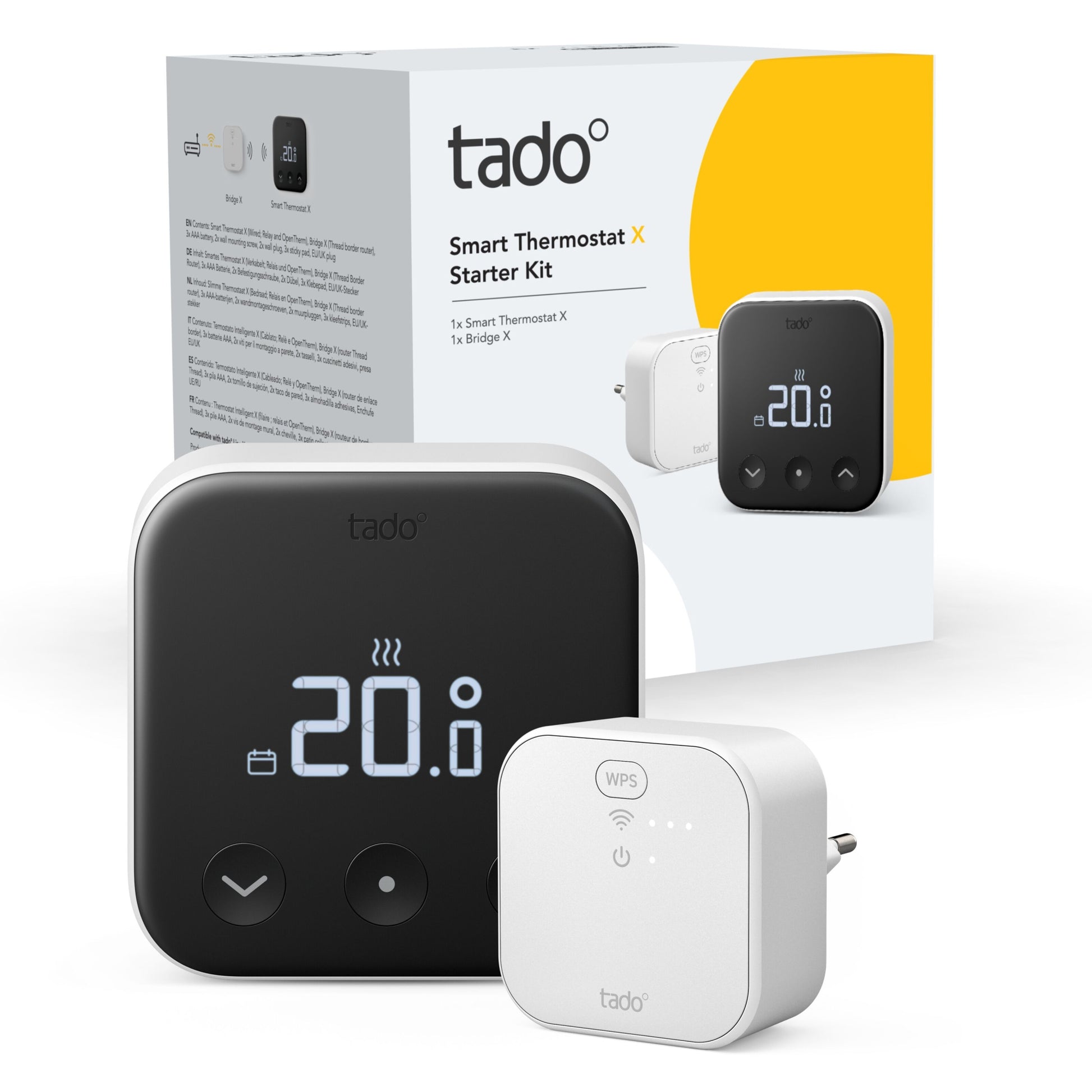 Tado Smart termostat X trådløs startpakke, sorter termostat med display 20.0°C og hvid Bridge X.