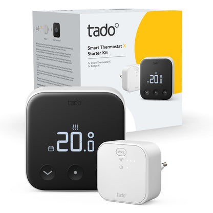 Tado Smart termostat X trådløs startpakke, sorter termostat med display 20.0°C og hvid Bridge X.