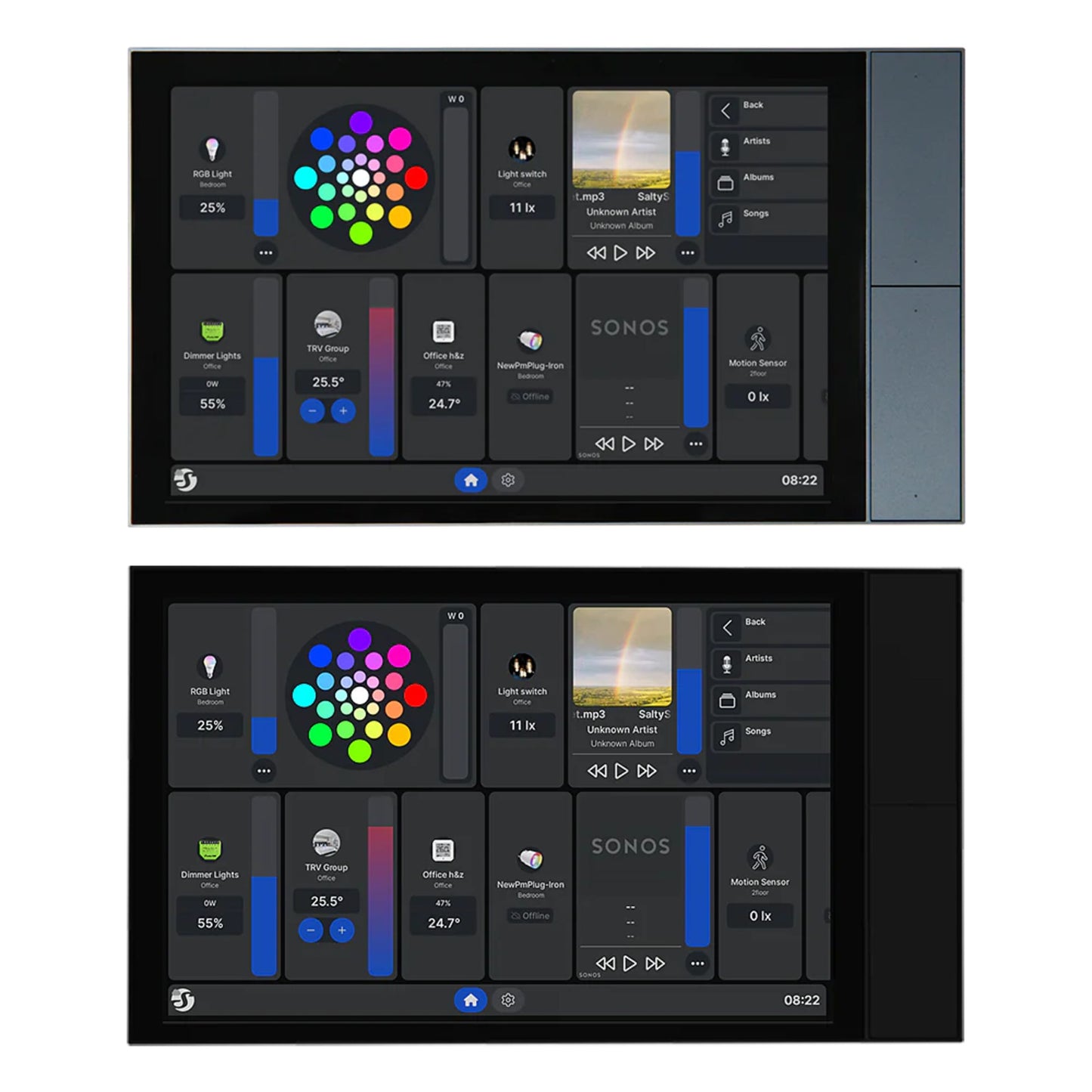 Shelly Wall Display XL smart kontrolpanel med sort interface viser ikoner, skydere og status for lys, temperatur og sikkerhed.
