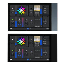 Shelly Wall Display XL smart kontrolpanel med sort interface viser ikoner, skydere og status for lys, temperatur og sikkerhed.